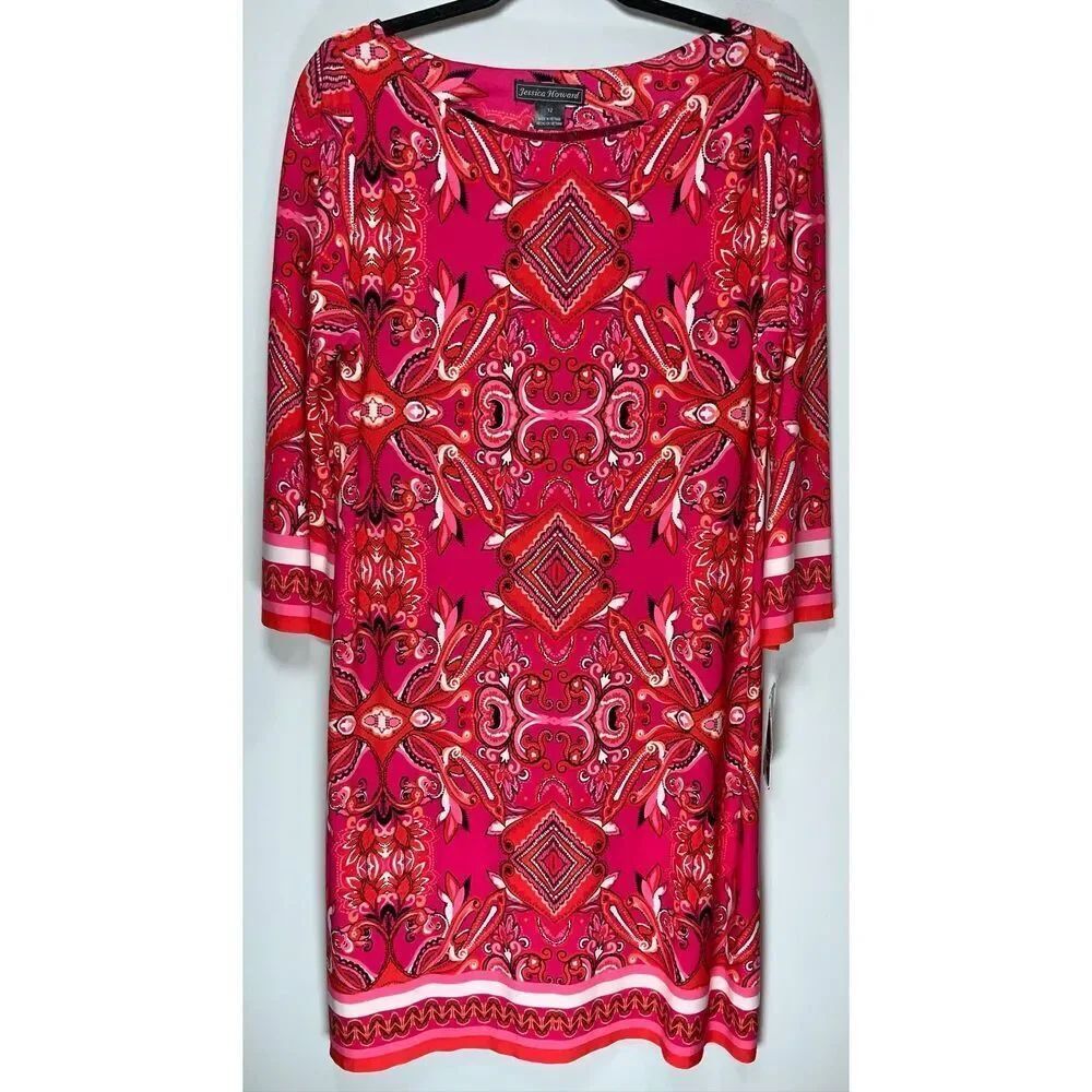 Jessica Howard red pink paisley print shift dress size 12